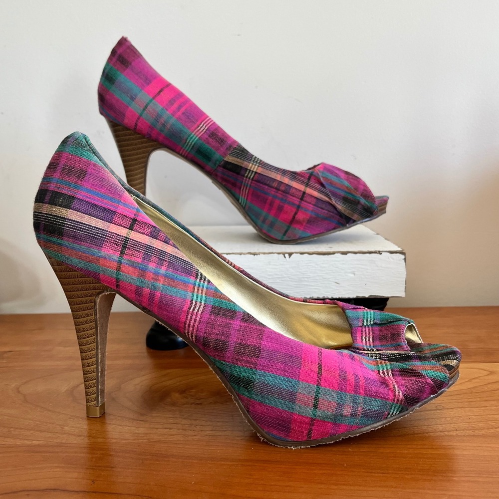 Candies Classy Pink Plaid Peep Toe Pumps Womens 8.5 High Heel Shoes Y2K Vintage